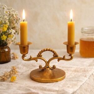 Vintage Copper Brass Double Candle Holder Ornate Scroll Regency Style Deco